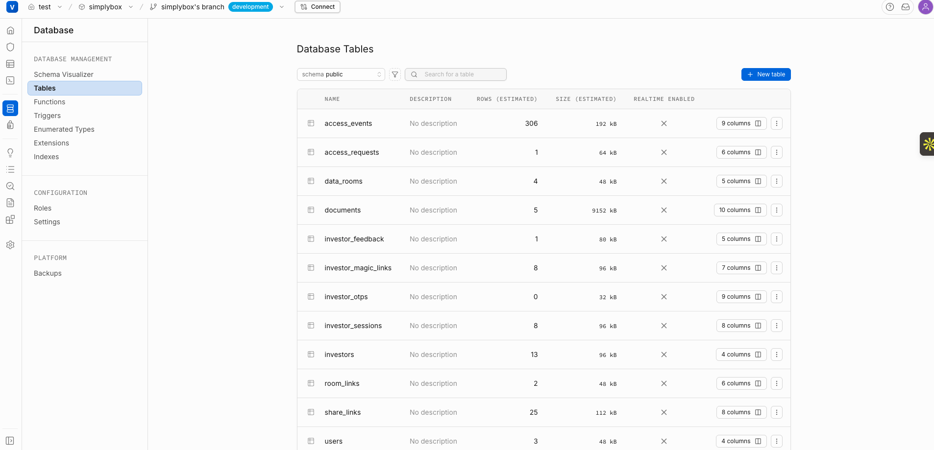 Vela tables view listing all 12 database tables with row counts